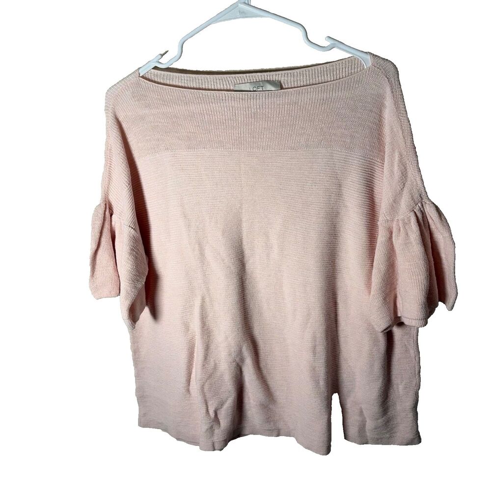 Loft Sweater Women's Large Pink Boat Neck Knit Ruffle Half Sleeve Casual Top